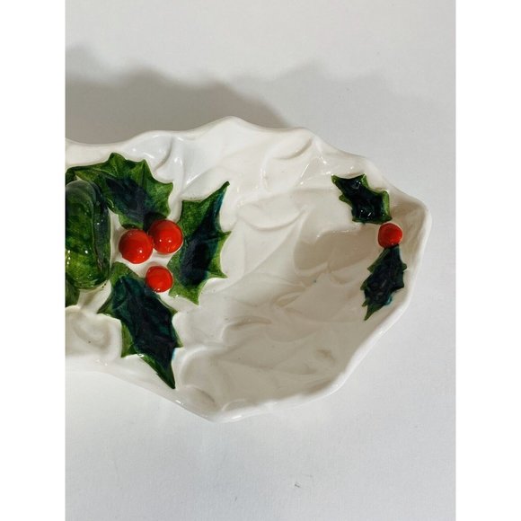 Vintage Lefton White Holly 2 Part Relish Condiment Dish Christmas Holiday Green - Picture 5 of 9